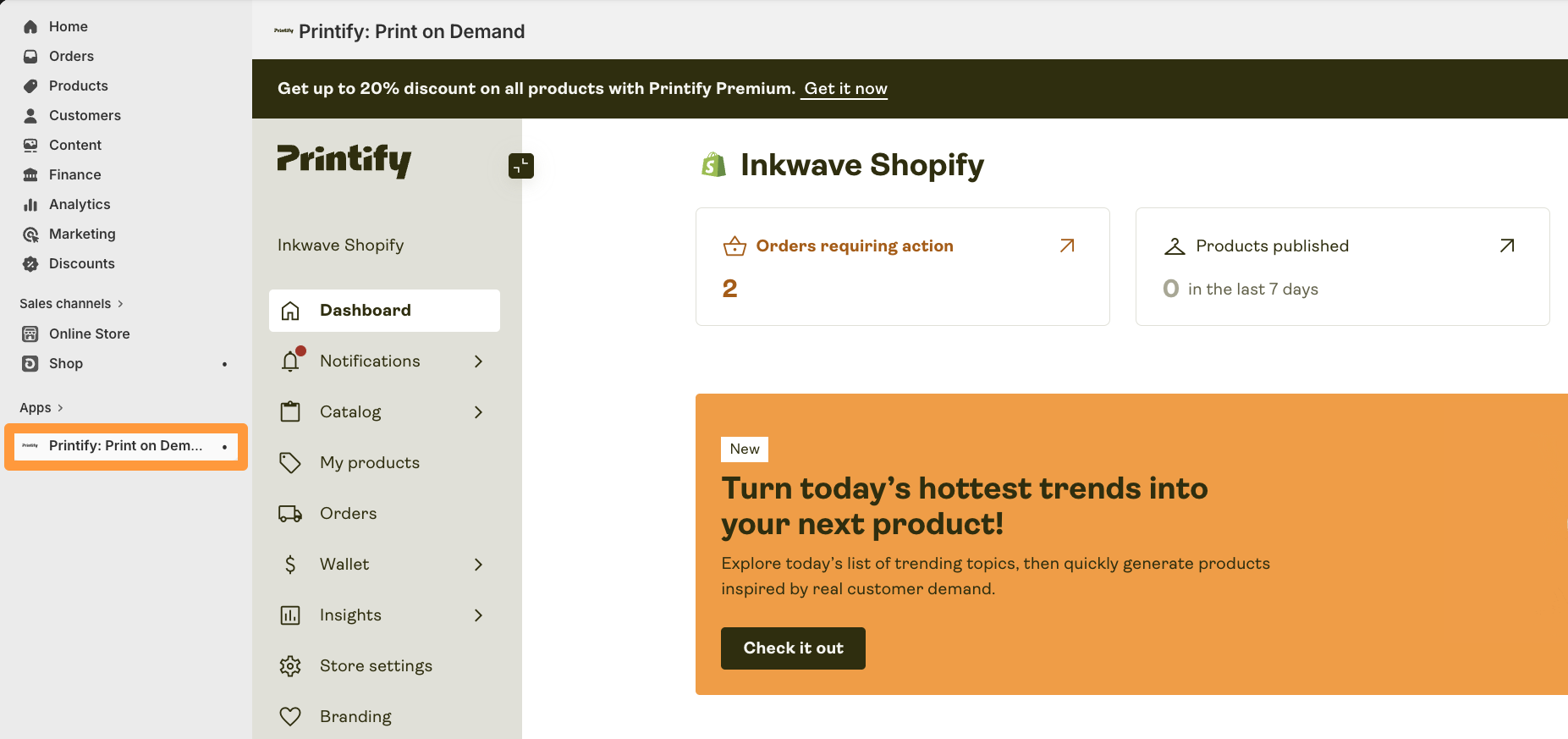 Embedded Printify dashboard in Shopify admin.