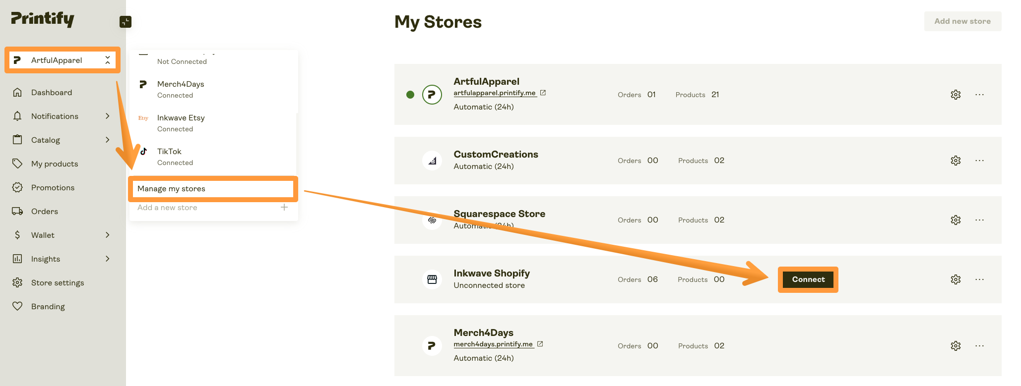Selecting a previously disconnected store.
