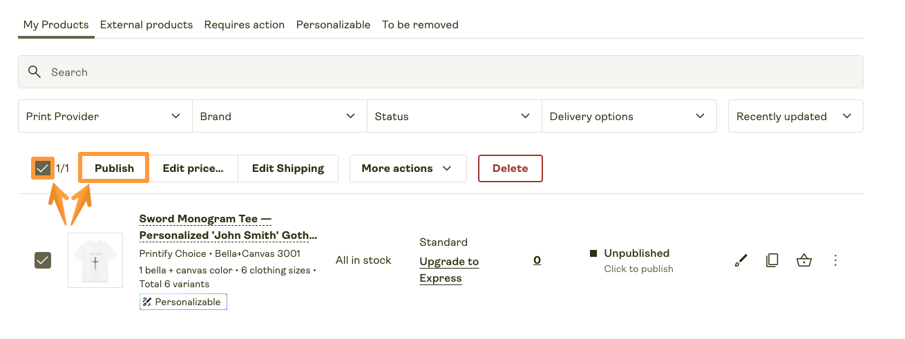 Selecting products in bulk for publishing.