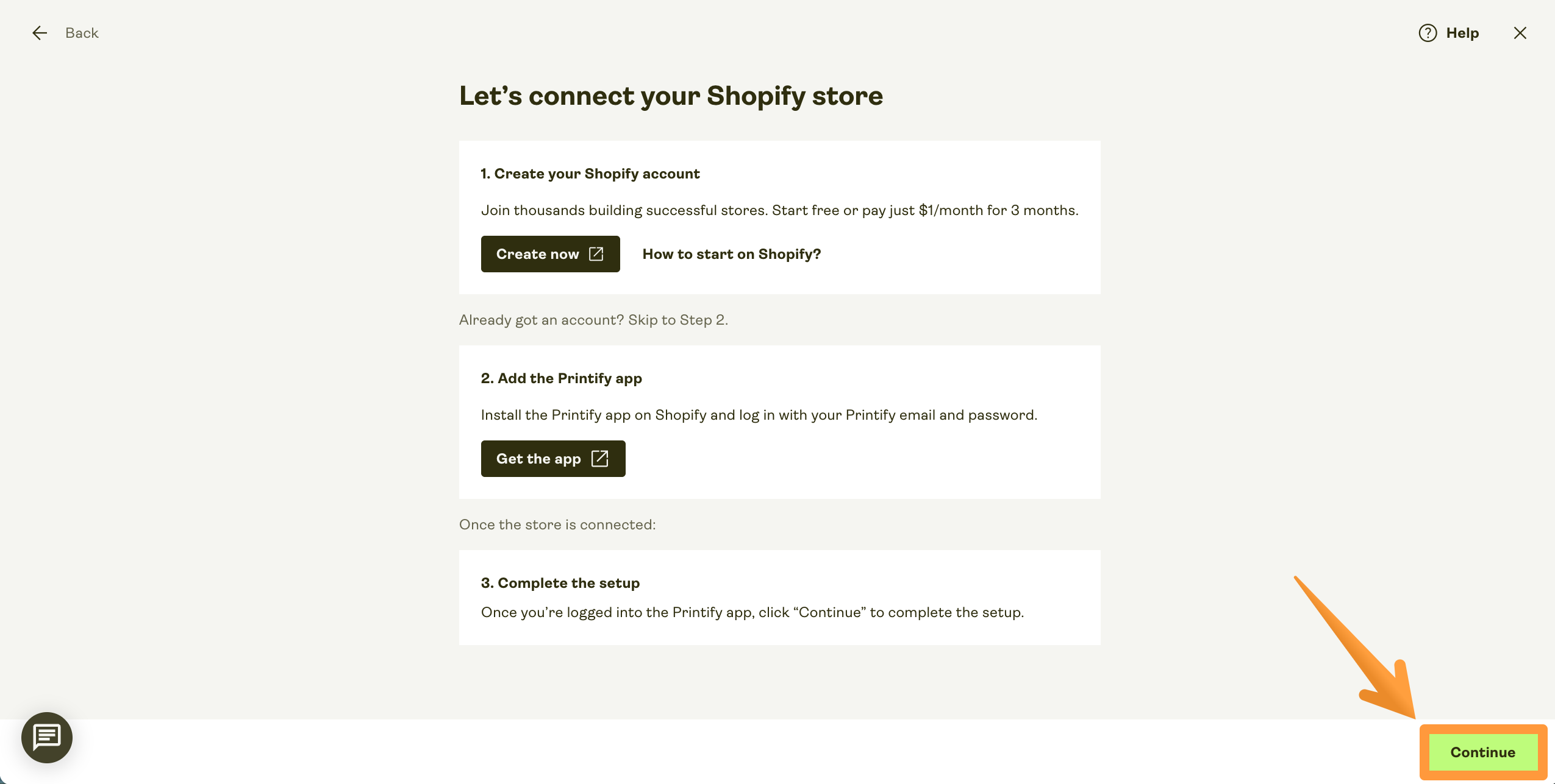 Continue button in the Shopify connect flow.