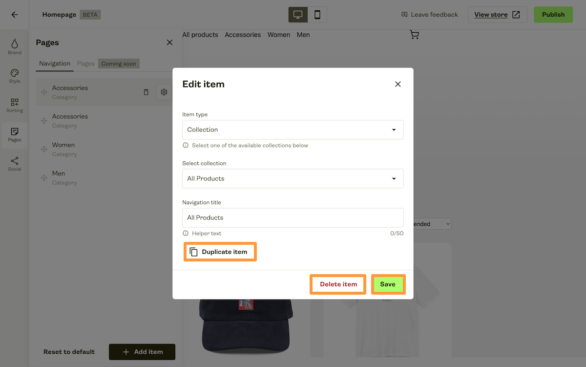 Duplicate item, delete item and save buttons when editing a navigation item.