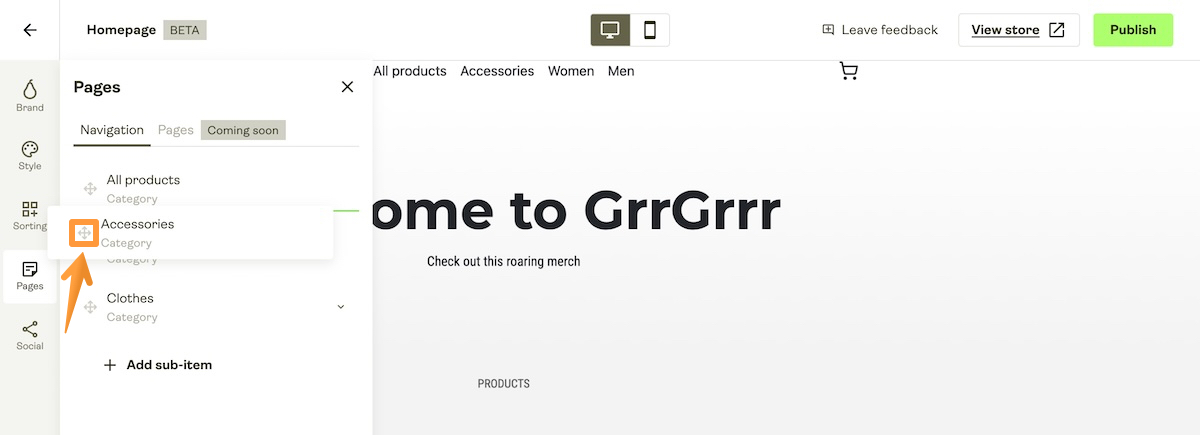 Drag and drop handle in the Navigation tab.