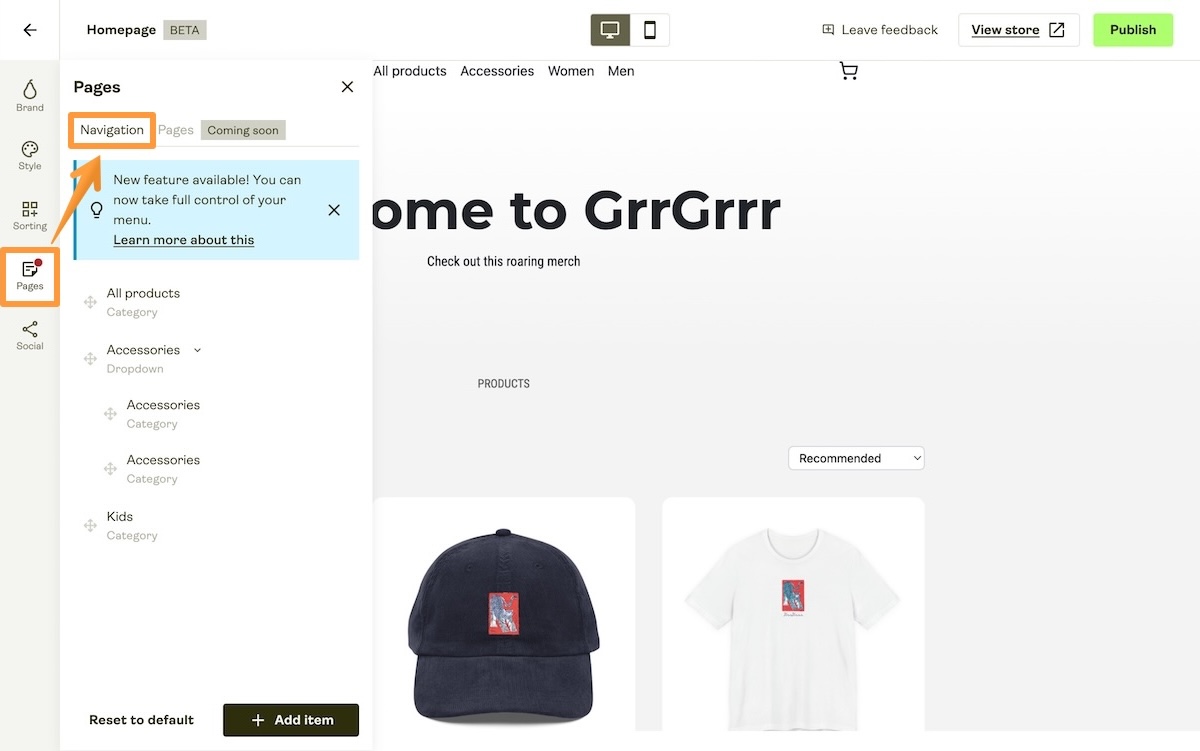Navigation tab in Pages section inside Store Builder.