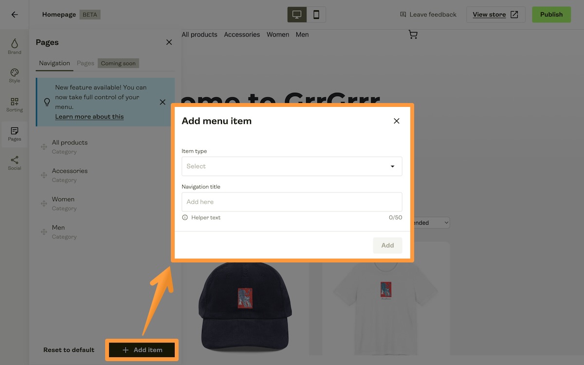 Add item button and menu item configuration window.