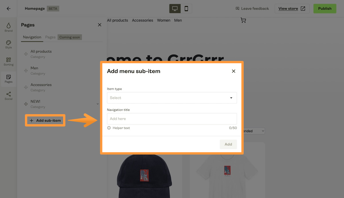 Add sub-item button and configuration window for new sub-item.