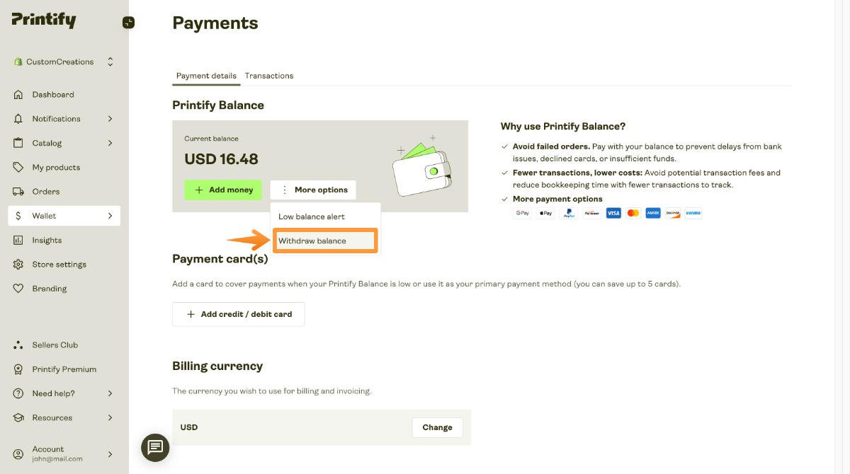  Printify Balance page with USD 16.48 and the option to withdraw balance.