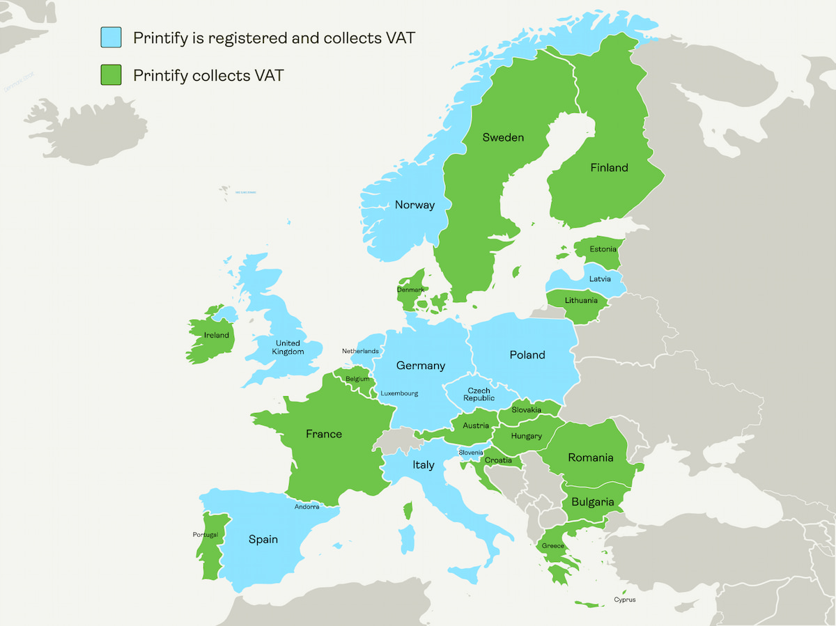 Map of European countries in which Printify collects VAT.