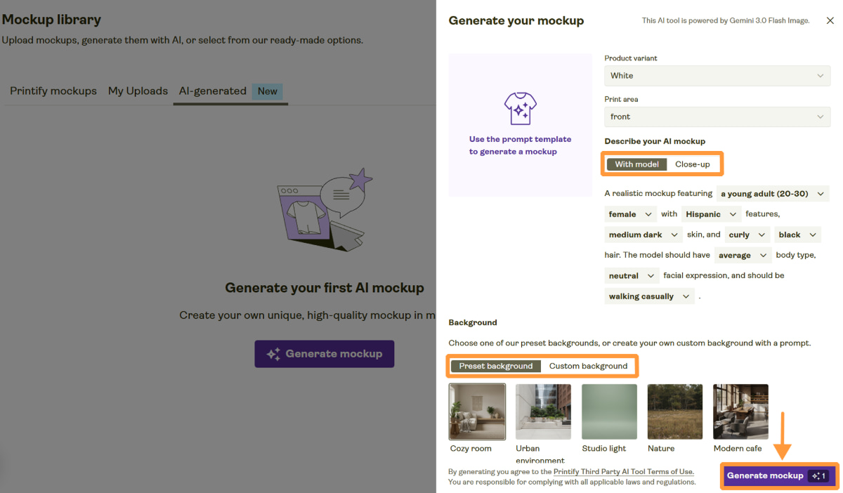 The Generate your mockup panel in Printify with AI mockup settings, background options, and the Generate mockup button.