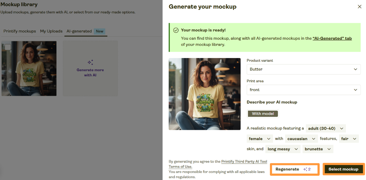AI mockup preview in Printify with options to regenerate the mockup or select it for the product.