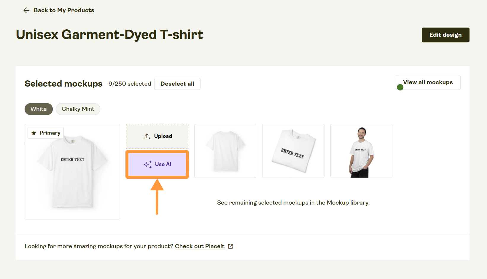 Use AI to generate new mockups button highlighted in the listing editing view.
