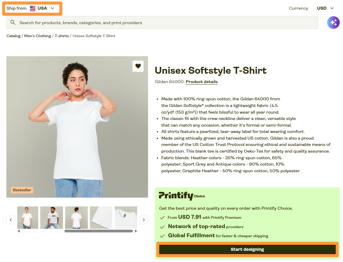 A product page for a Unisex Softstyle T-Shirt on Printify, highlighting the Printify Choice option with a "Start designing" button and a USA "Ship from" filter.