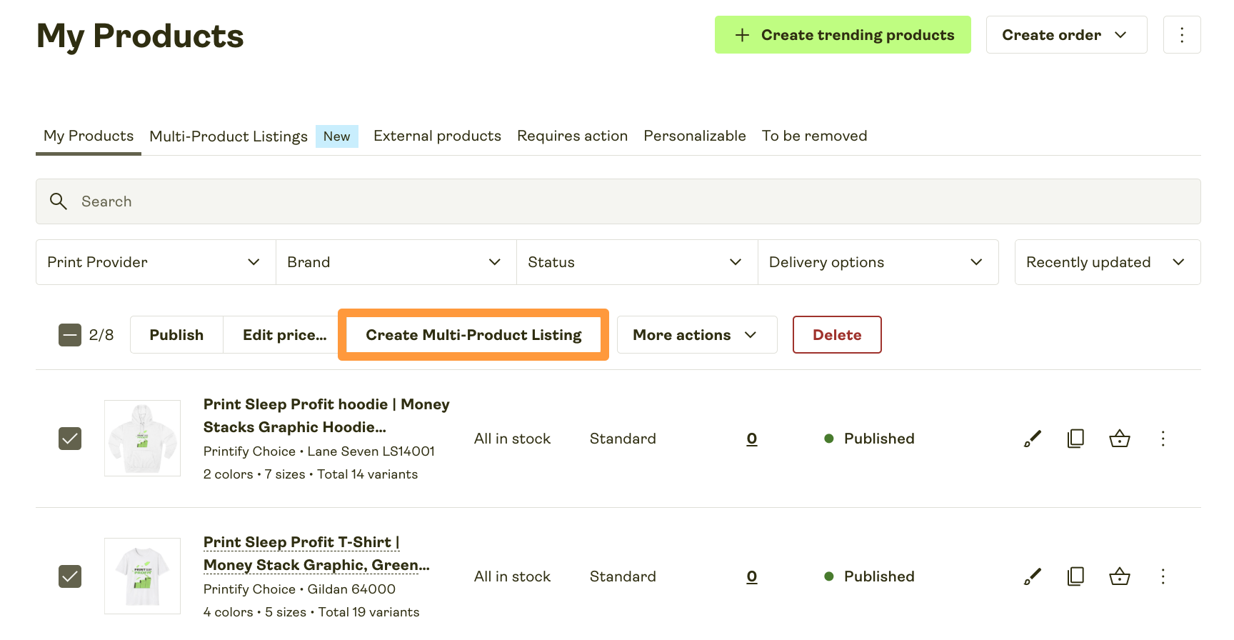 Click "Multi-Product Listing" to combine products.