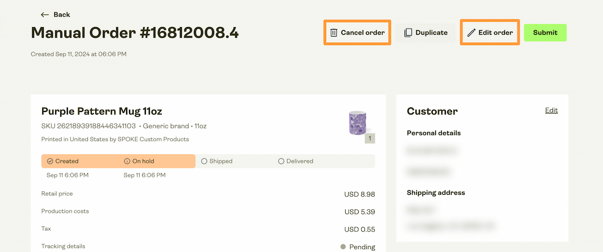 Order changes are still possible as the order is "On hold".