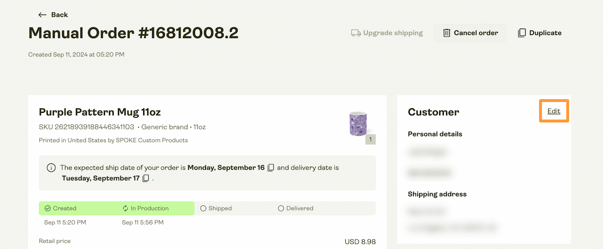In the order, click on Edit to request a change to the delivery information.
