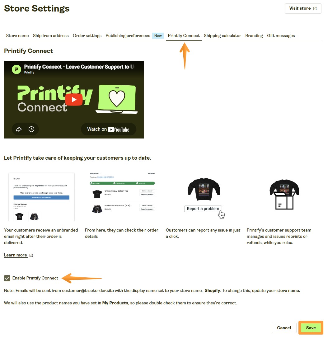 Image of Store Settings, with arrows pointing to Printify Connect, enablement check-box and highlighting the Save button.