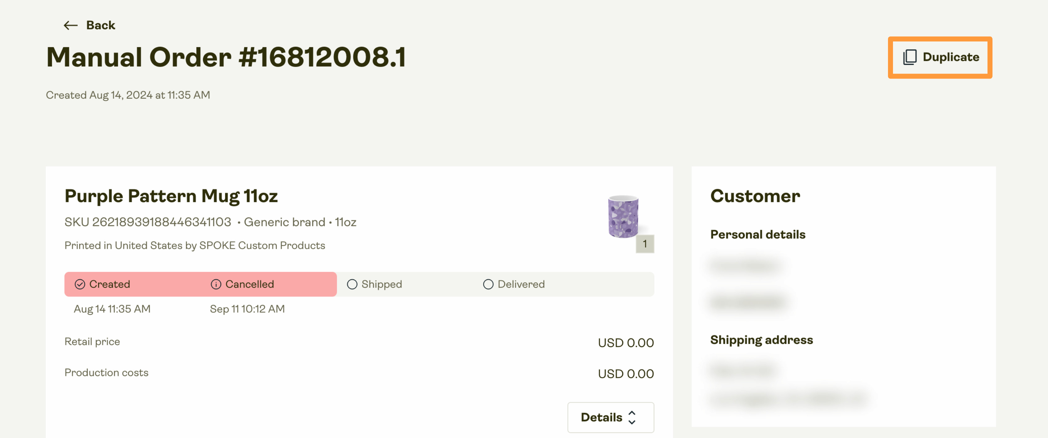 A new order can be created by clicking on the Duplicate button on the upper right side.