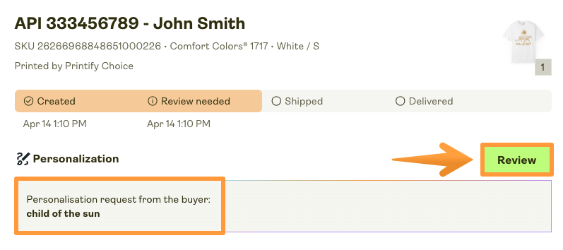 Personalized order view with buyer's request and Review button.