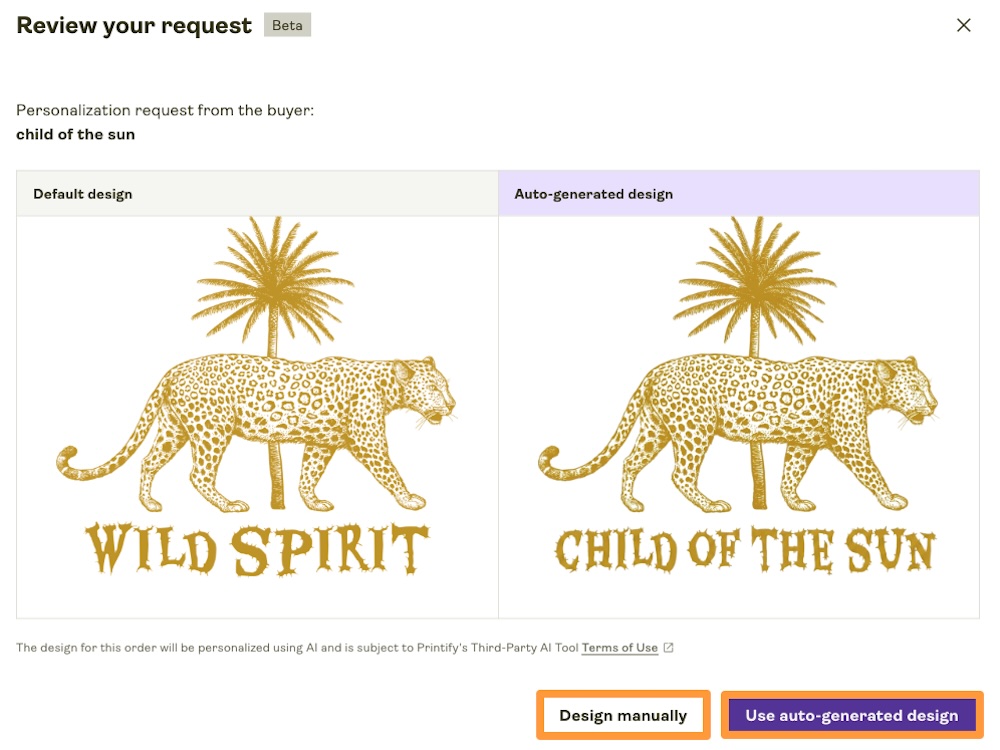 Printify's AI suggestion for personalized design with buttons to accept or reject.