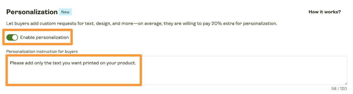 Personalization toggle and buyer instruction field in Product details during publishing.
