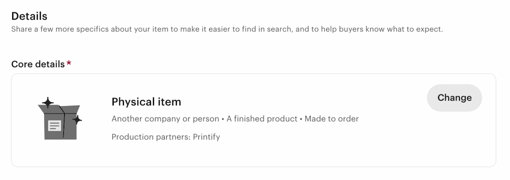 Product details section showing “Physical item” selected with production partner listed as Printify.