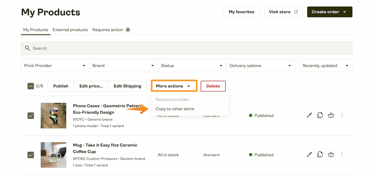 My Products page with selected items and “More actions” menu open showing “Copy to other store” option highlighted.