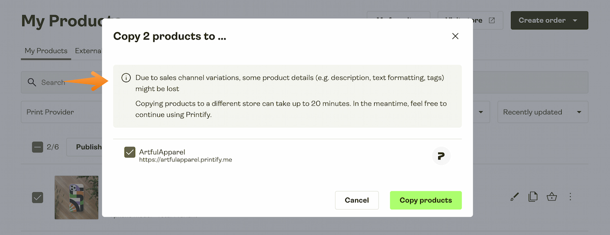 Copy products window showing selected store and confirmation button to copy products.