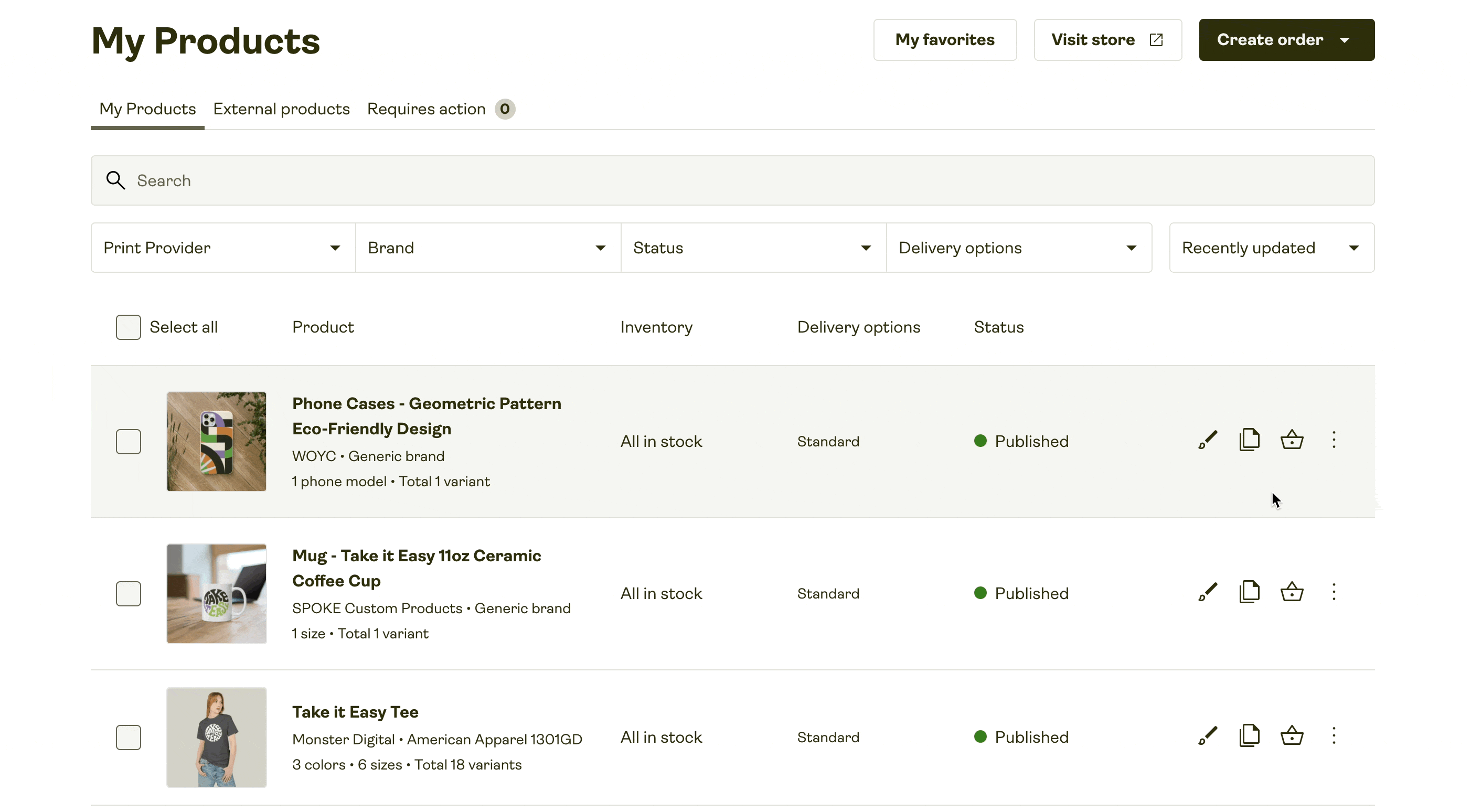 GIF demonstrating steps to duplicate a product from My Products page.