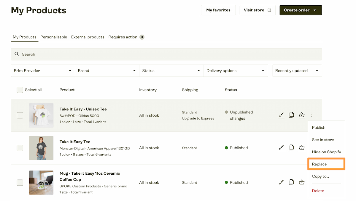My Products page showing product action menu with “Replace” option highlighted.