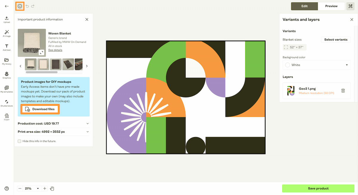 Product Creator view showing design canvas, layers panel, and product information sidebar with Download files button.