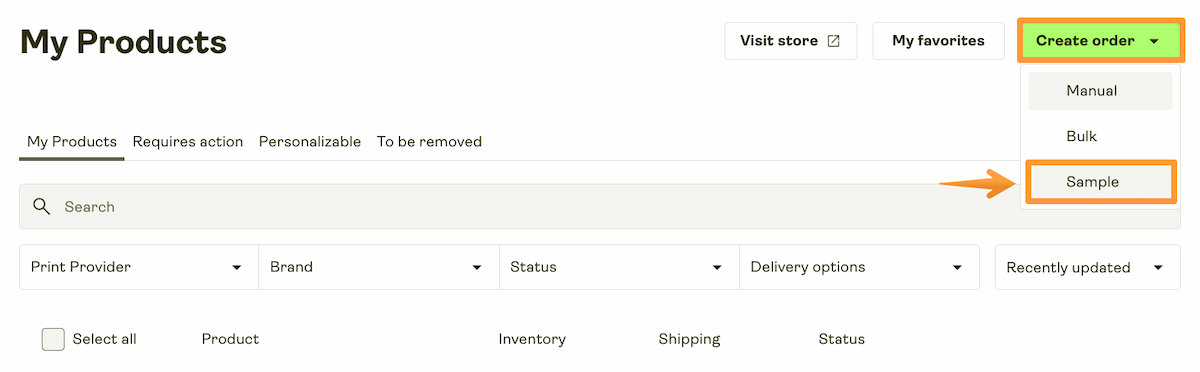 Sample Order button in My Products page.