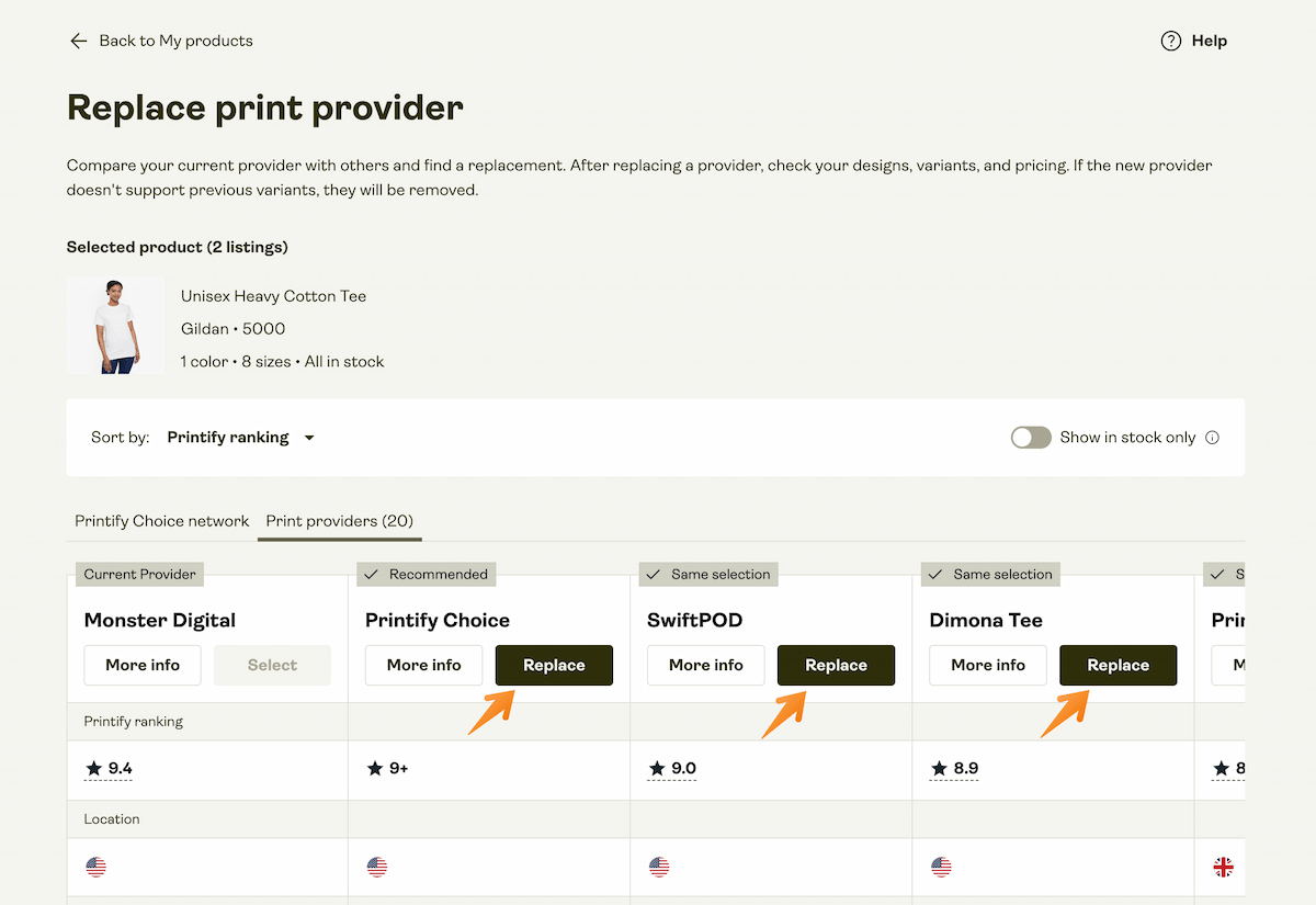 Replace print provider page showing available providers with multiple “Replace” buttons highlighted.