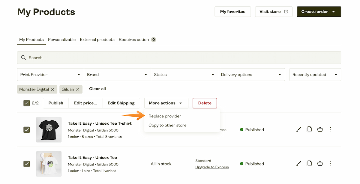 My Products page showing filtered products with “More actions” menu open and “Replace provider” option highlighted.
