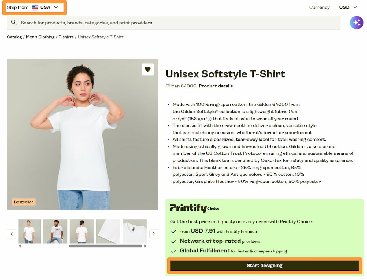 Product page showing shipping location set to USA and “Start designing” button highlighted.