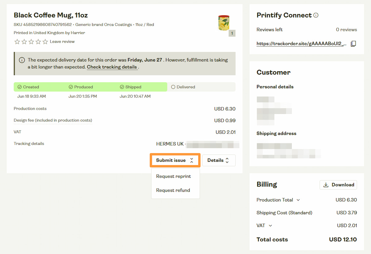 Submitting an issue from the Order view.