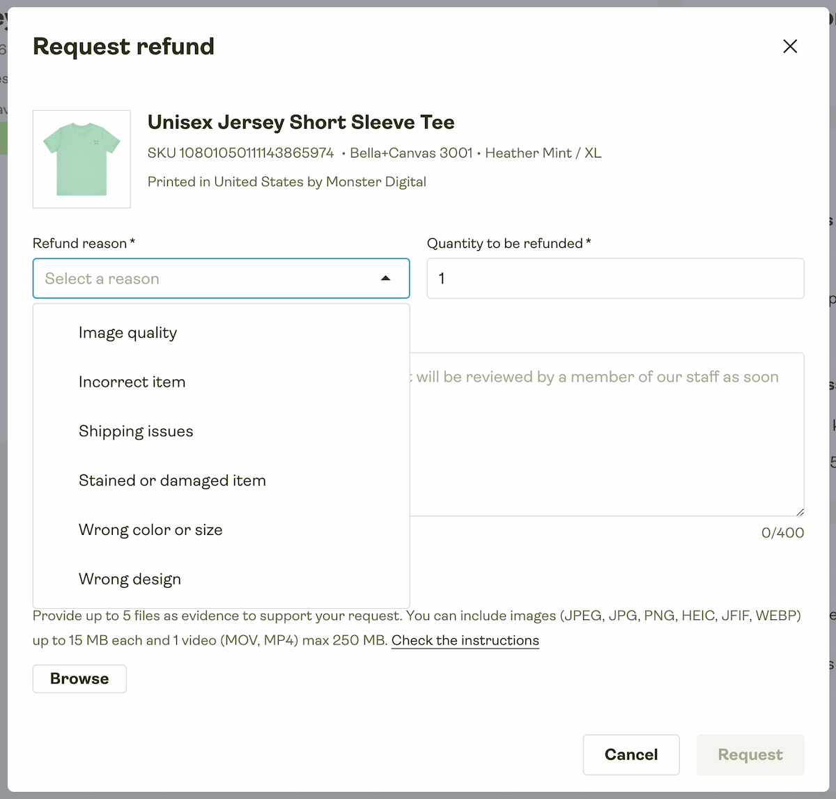 Request refund form.