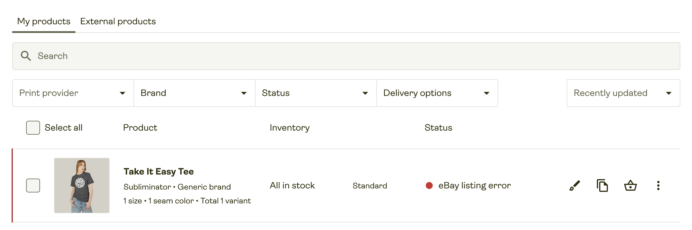 Printify product with a publishing error.