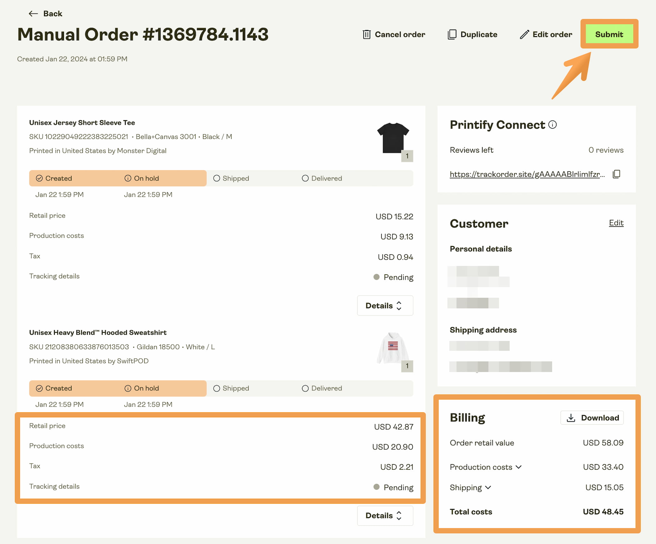 Submit the order to production.