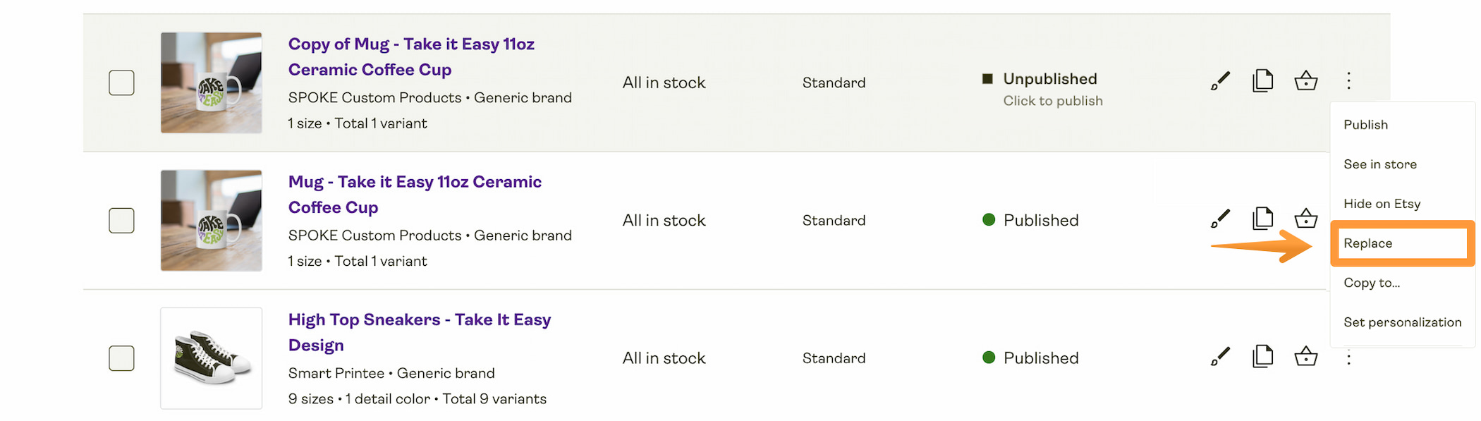 Click "Replace" to change the product and/or Print Provider.