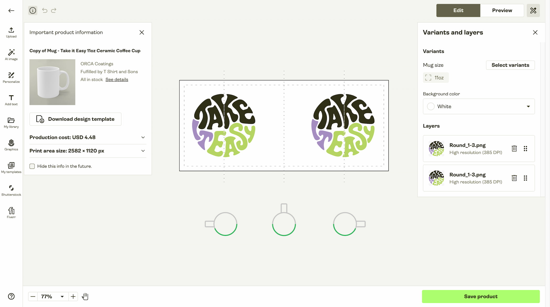 Adjust the design if needed and save the product.