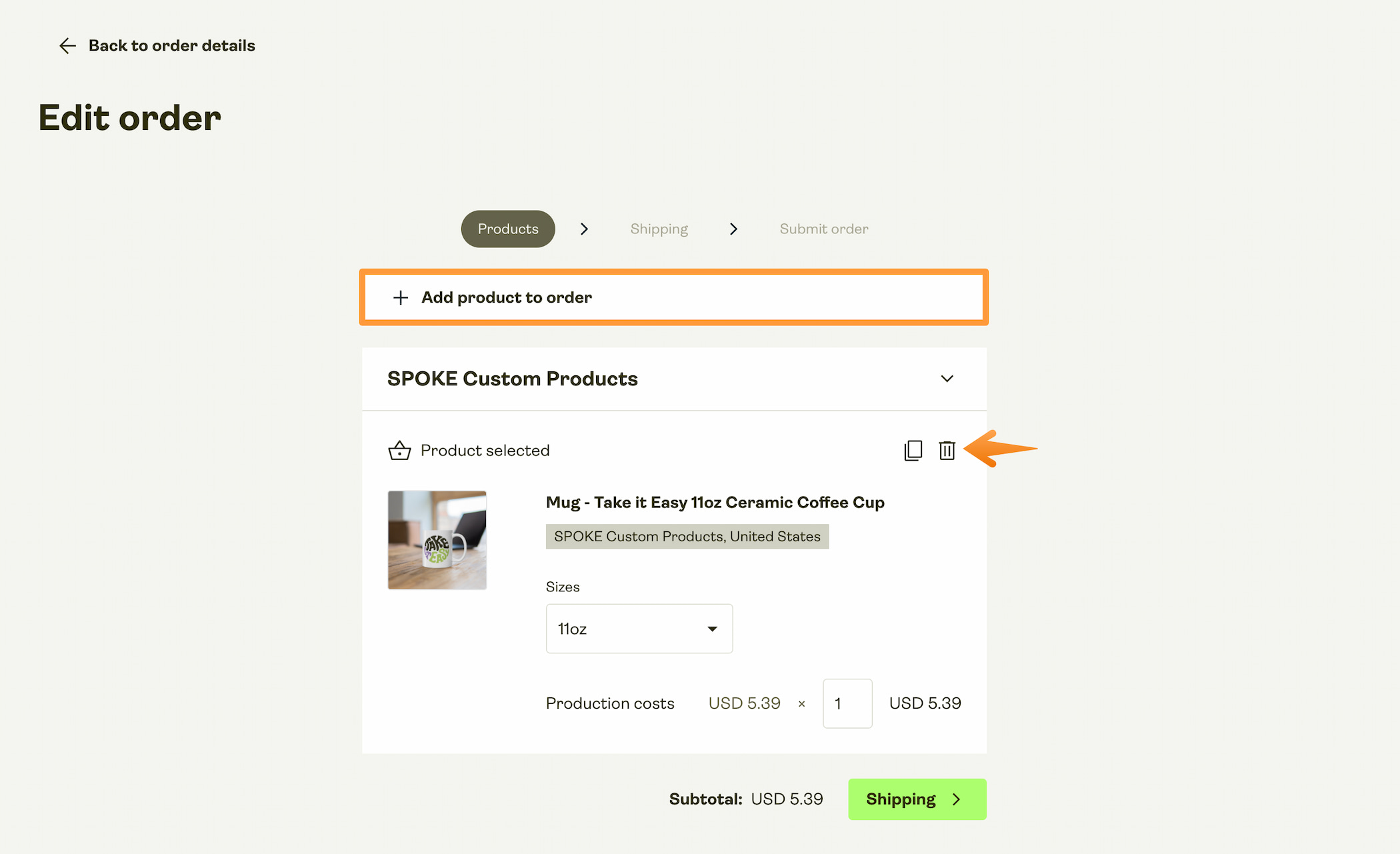 Replace the products in the order.