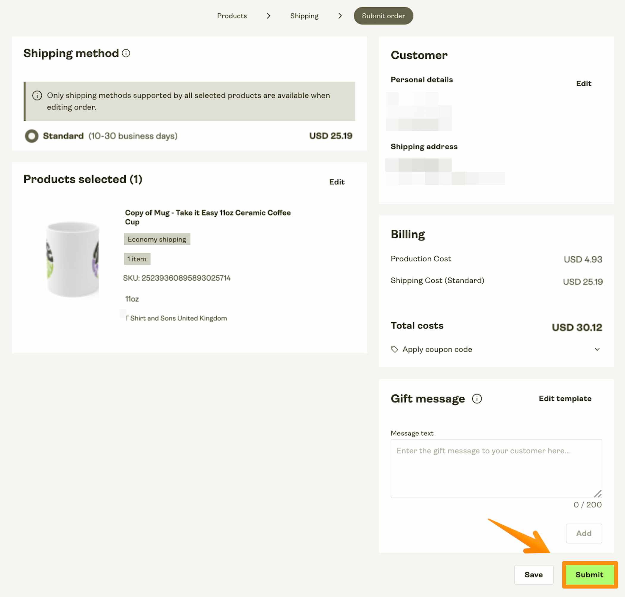 Submit the order to production.