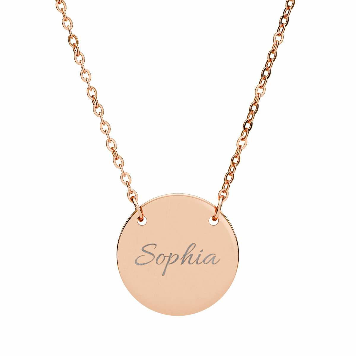 A close-up of a circular silver necklace featuring a clean, bold fiber laser-engraved name, demonstrating high-contrast results.