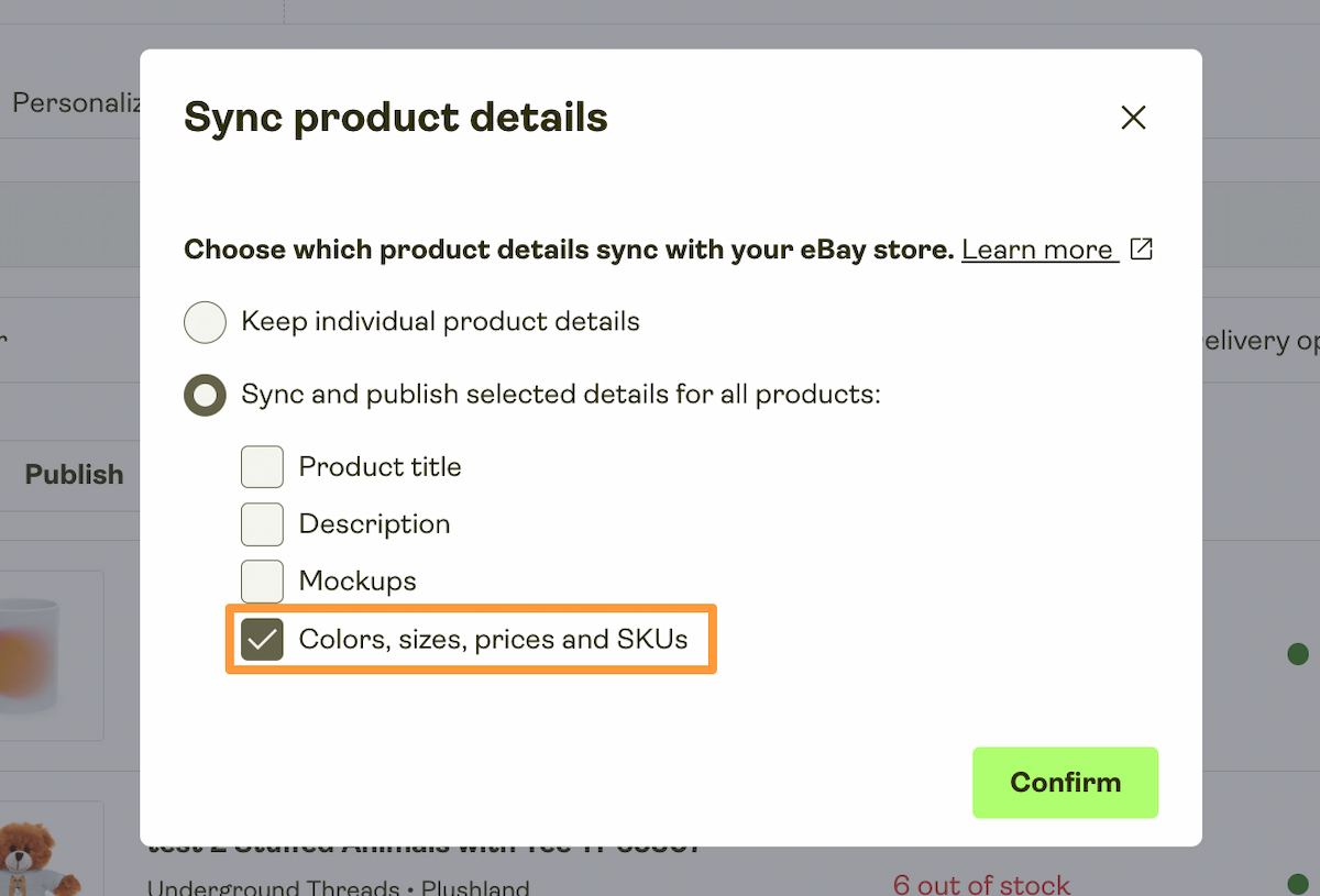 Sync product details modal with option to sync colors, sizes, prices, and SKUs selected.