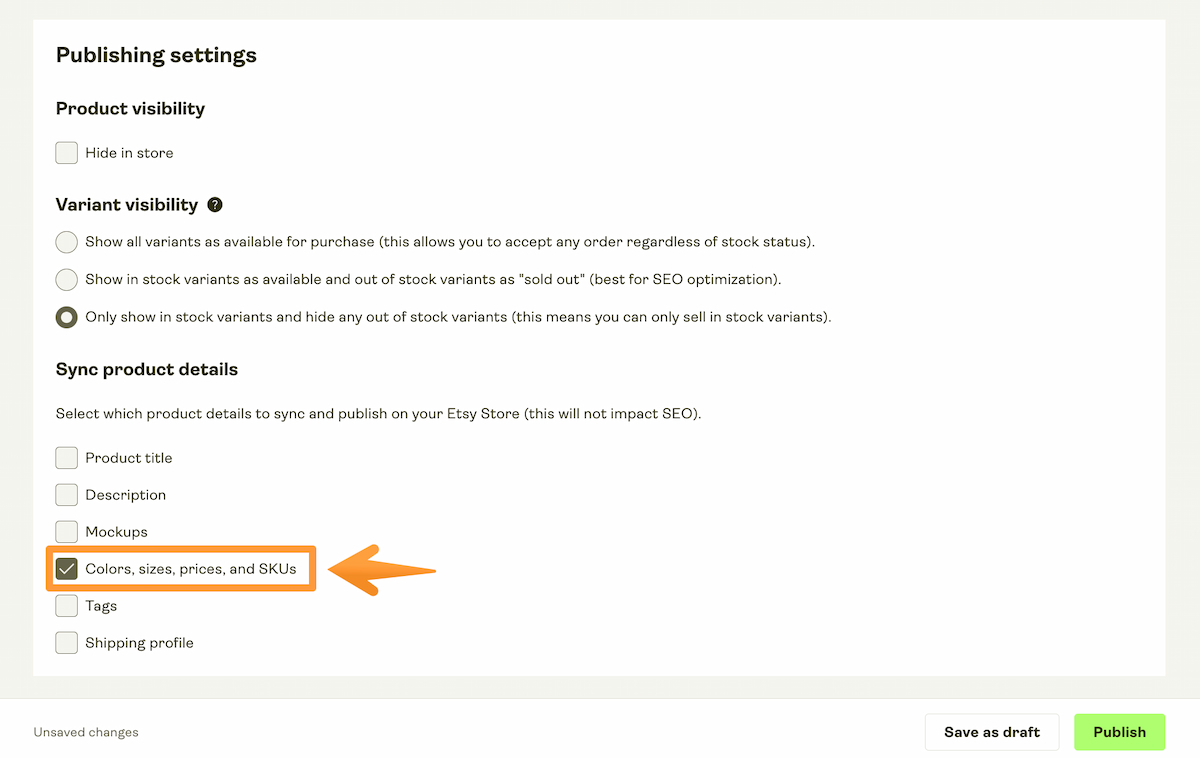 Publishing settings showing variant visibility options.