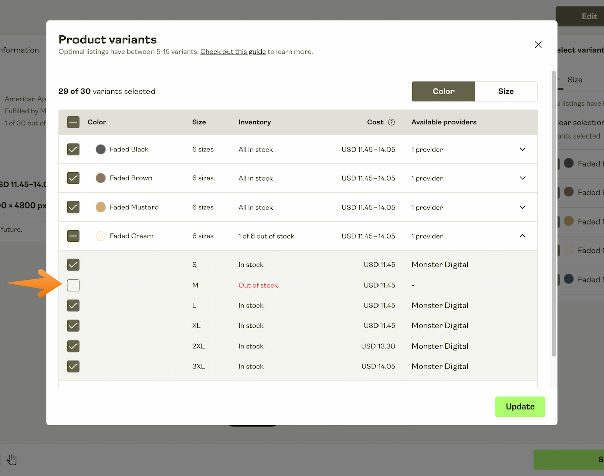 Product variants panel showing color and size options, with one size marked out of stock and highlighted by an arrow.
