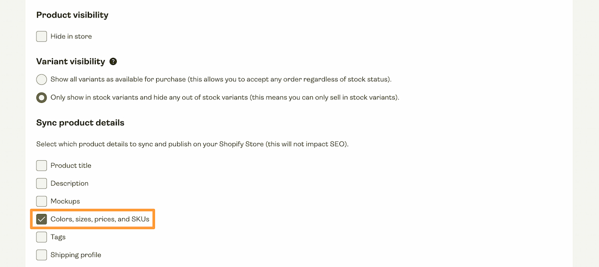 Publishing settings with stock update options.