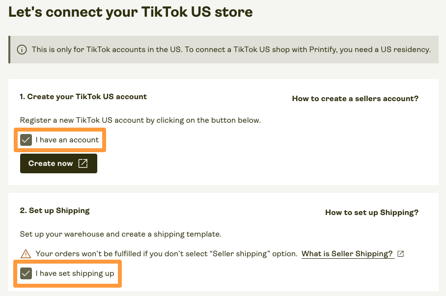 Checkboxes for TikTok account and shipping setup.