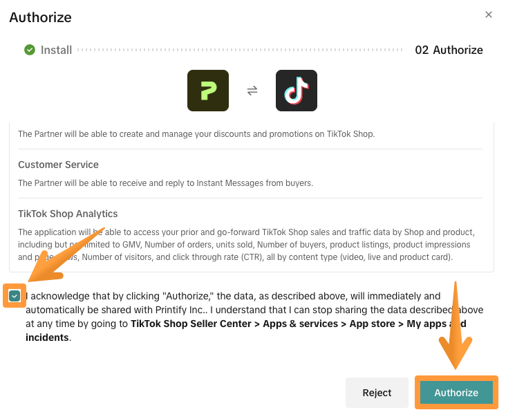 Acknowledgement of the Printify app permissions and authorization prompt.