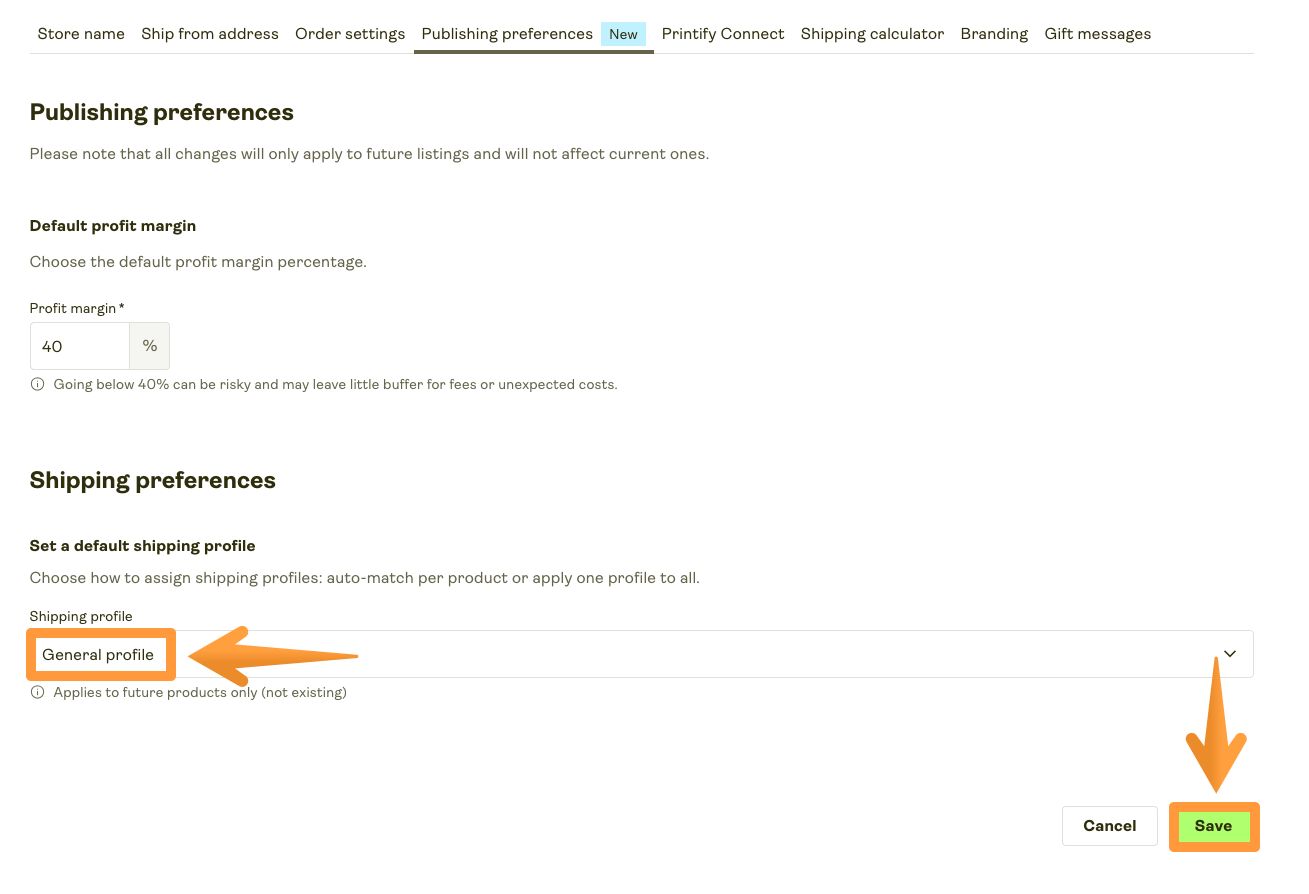 Publishing preferences tab with General profile selected as the default for new products.