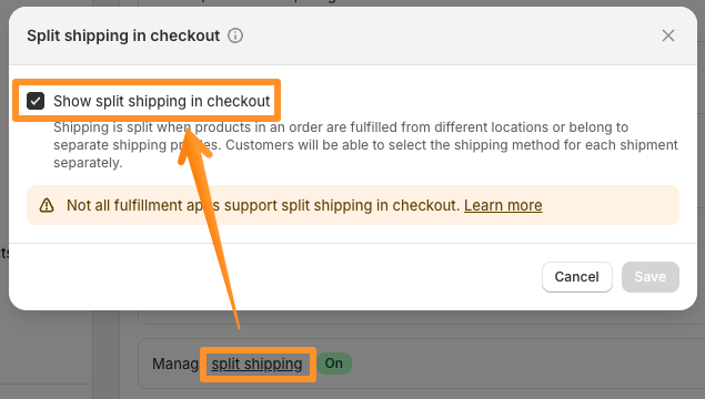 Split shipping checkbox in Shopify shipping settings.